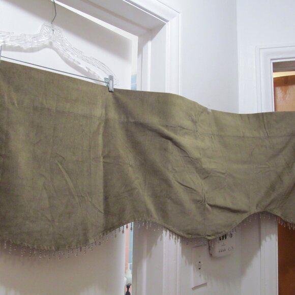 Curtain Valance with Beaded Trim Fringe Scalloped Olive Green 54 x 17.5 - Picture 14 of 16